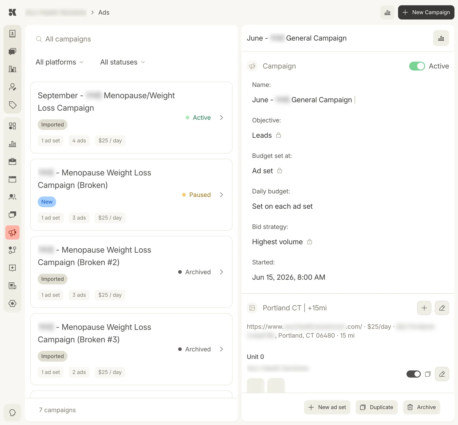 A campaign open on the right: an Active toggle; Name, Objective Leads, Budget set at Ad set, Daily budget Set on each ad set, Bid strategy Highest volume, and Started date; an ad set titled with a city and a 15 mile radius with its URL, daily budget, and address; Unit 0 with a toggle; and New ad set, Duplicate, and Archive buttons at the foot.