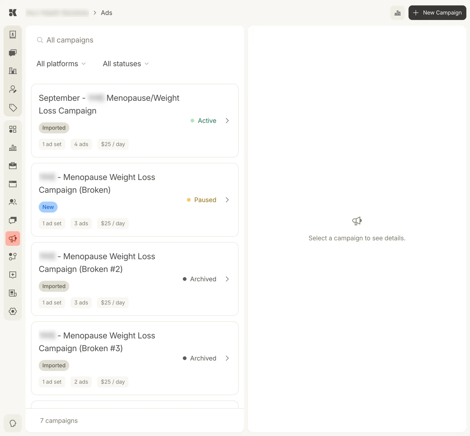 The Ads page: a search box, All platforms and All statuses filters, and a list of campaign cards each with a name, an Imported or New chip, Active, Paused, or Archived status, and chips for 1 ad set, 4 ads, and $25 per day. The right panel reads Select a campaign to see details; a New Campaign button sits at the top right.