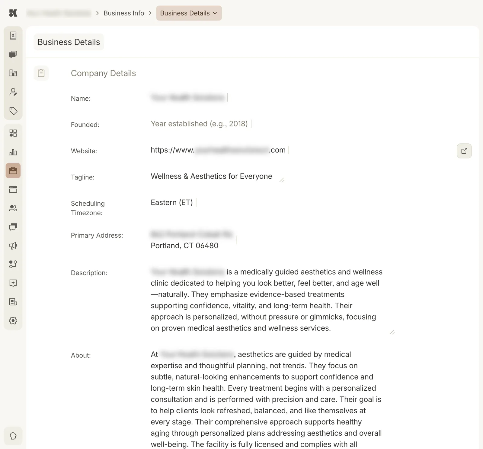 The Business Details section: an Overview block with Name, Founded, Website, Tagline, and Scheduling Timezone; a Primary Address block; and a Description block, each with an Edit button.