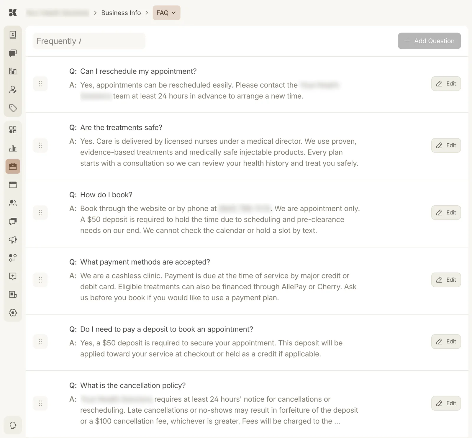 The FAQ section: a list of question and answer pairs such as Can I reschedule my appointment, Are the treatments safe, How do I book, What payment methods are accepted, Do I need to pay a deposit, and What is the cancellation policy, each with an Edit button.
