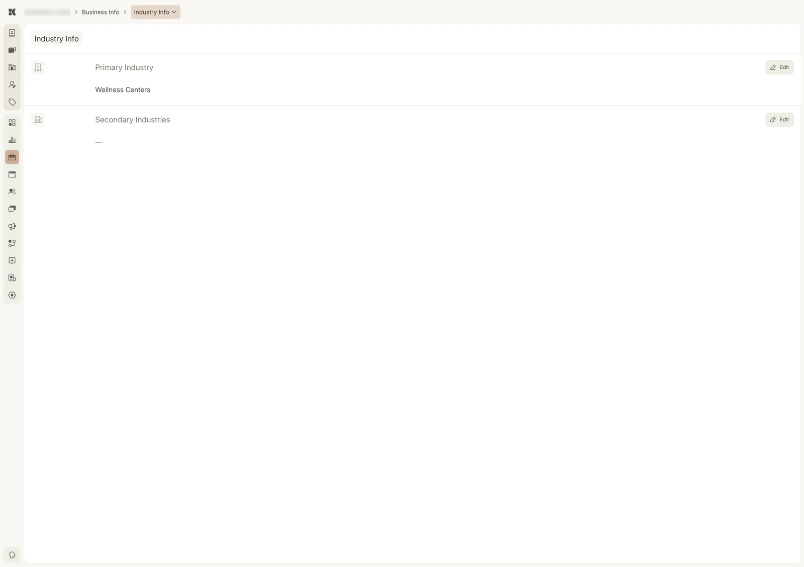 The Industry Info section with Primary Industry set to Wellness Centers and Secondary Industries empty, each with an Edit button.