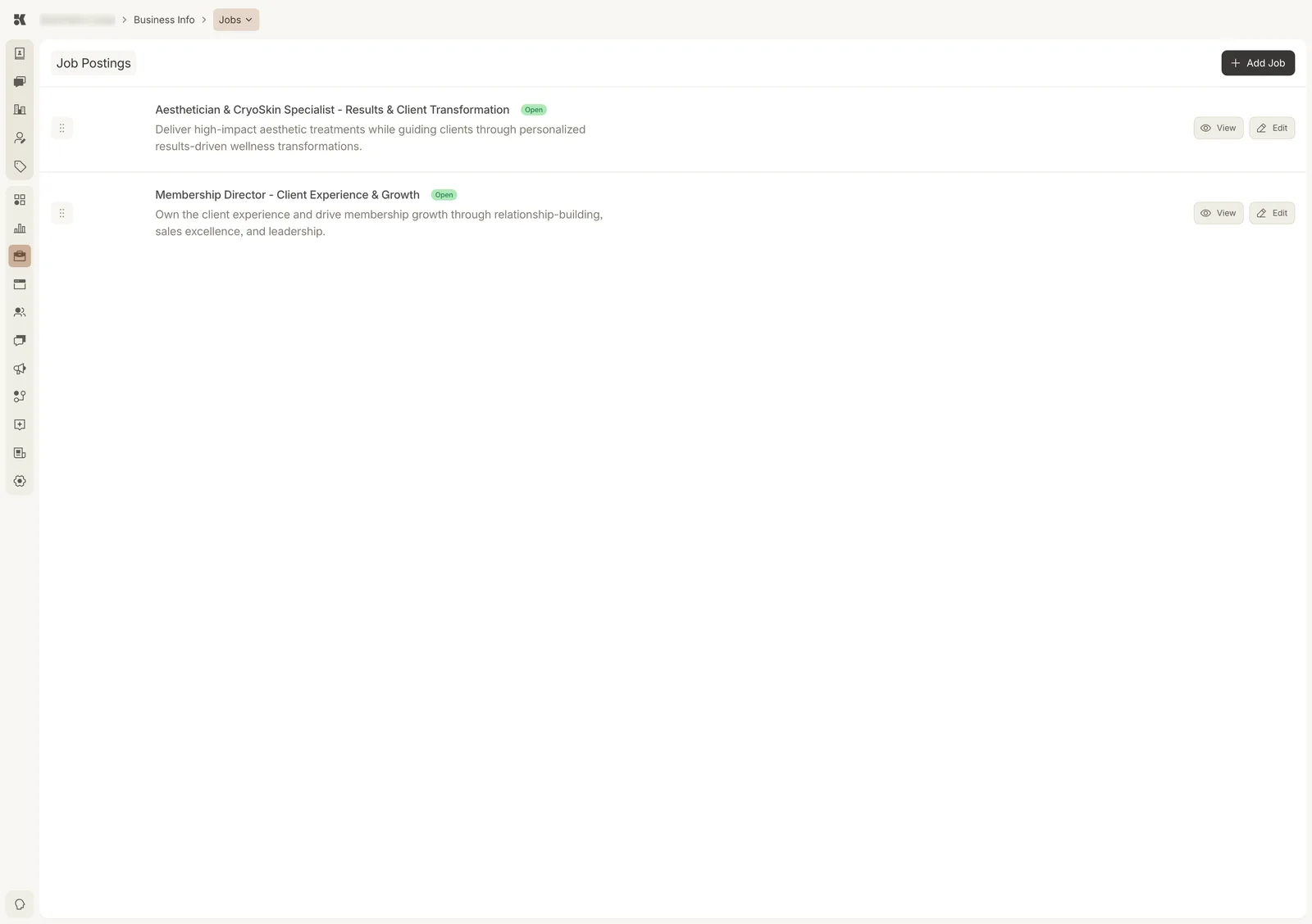 The Job Postings section with two postings marked Open, each with a one-line summary and View and Edit buttons, and an Add Job button at the top right.