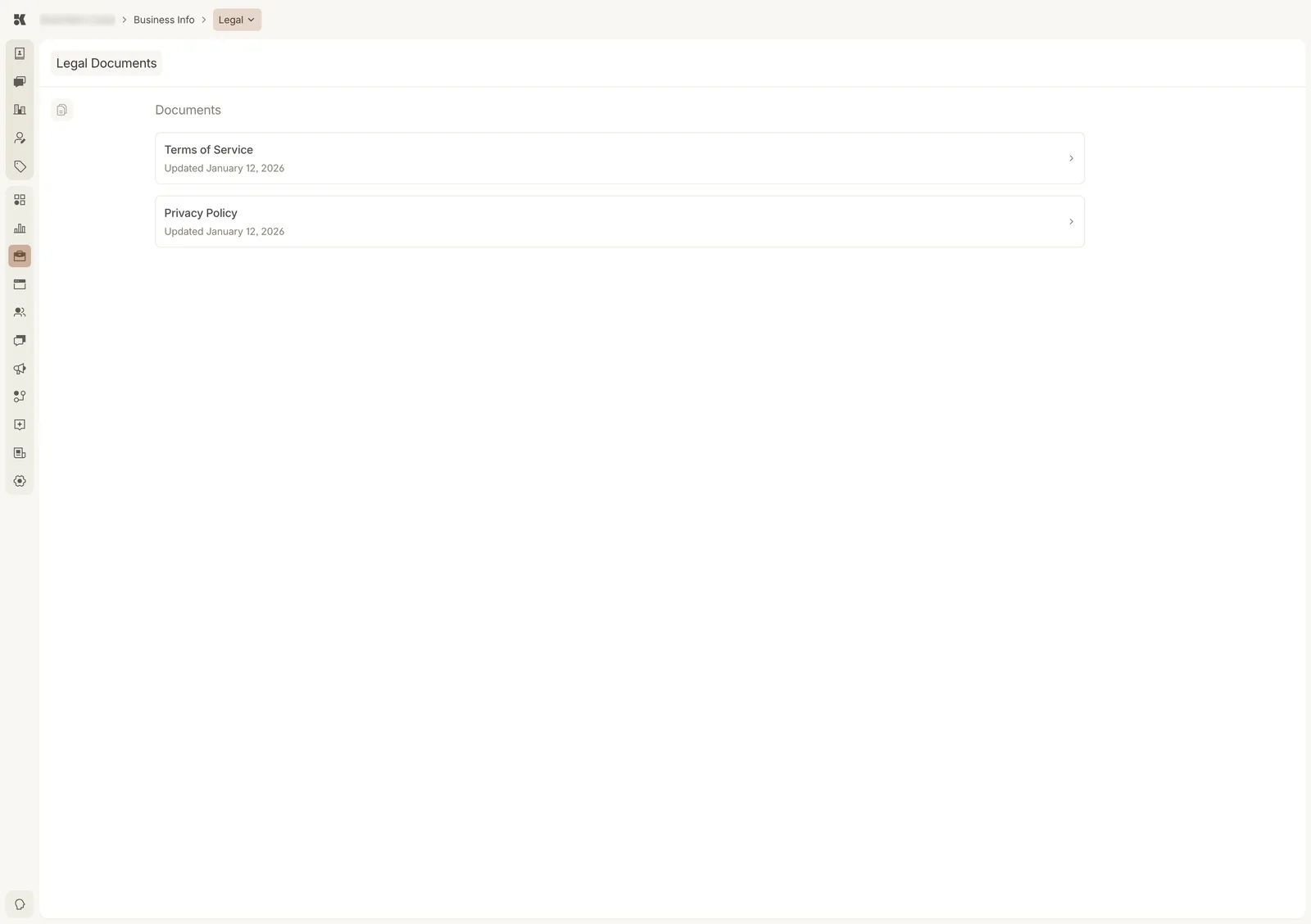 The Legal Documents section listing Terms of Service and Privacy Policy, each with an Updated date, as rows that open on click.