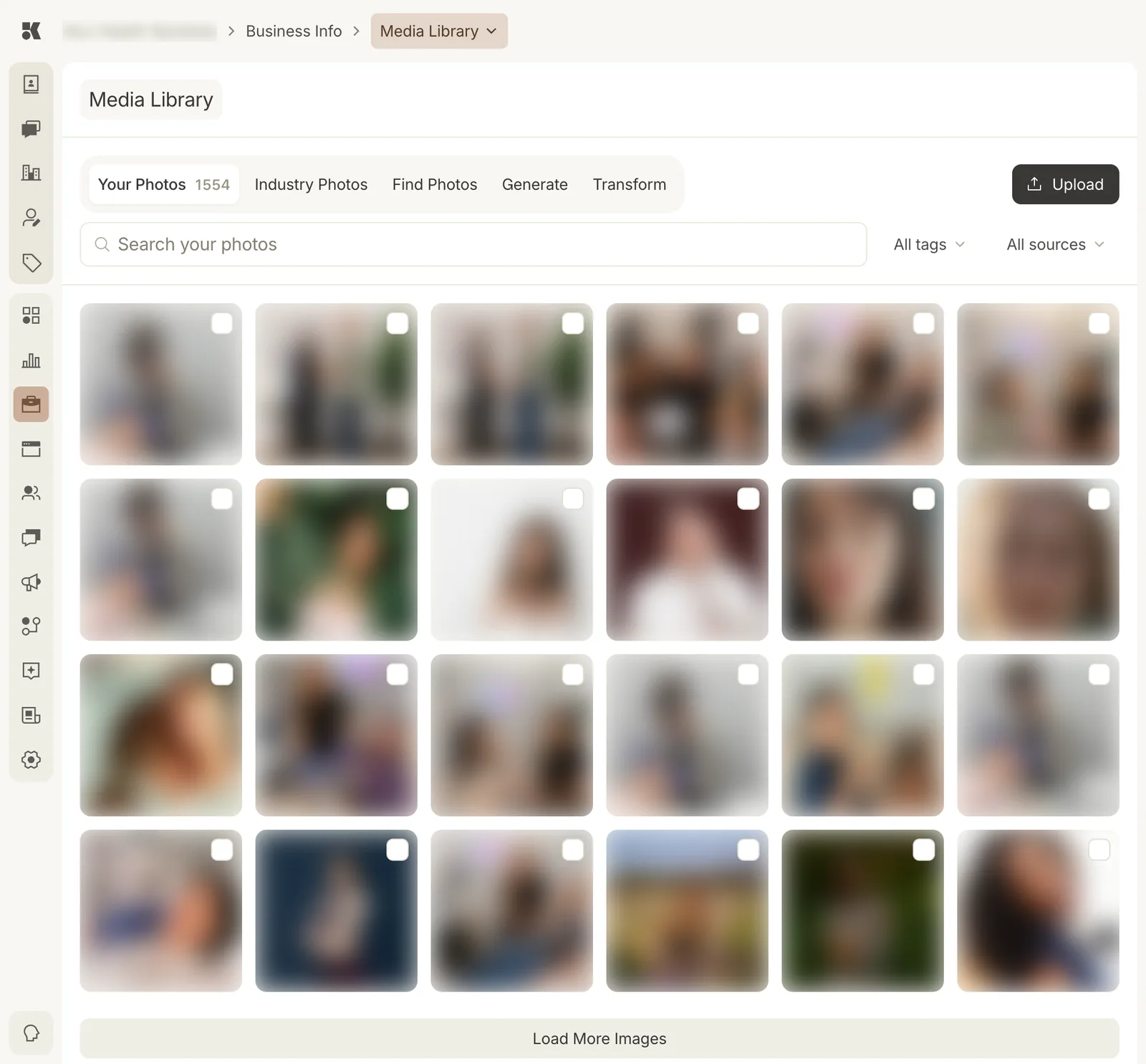 The Media Library with tabs Your Photos (1554), Industry Photos, Find Photos, Generate, and Transform; a search box; All tags and All sources filters; an Upload button; and a grid of photos with checkboxes. A Load More Images button sits at the foot.