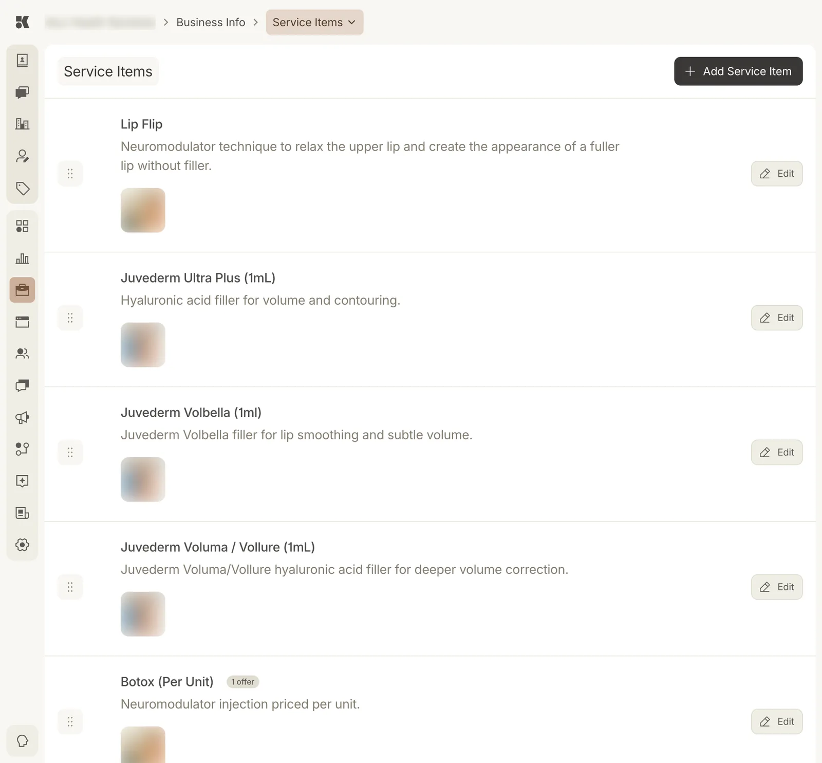 The Service Items section: a list including Lip Flip, Juvederm Ultra Plus (1mL), Juvederm Volbella (1ml), and Botox (Per Unit) marked 1 offer, each with a description, a photo, and an Edit button. An Add Service Item button sits at the top right.