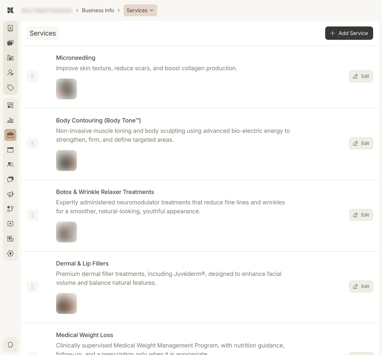 The Services section: a list of services such as Microneedling, Body Contouring, Botox & Wrinkle Relaxer Treatments, and Dermal & Lip Fillers, each with a one-line description, a photo, a drag handle, and an Edit button. An Add Service button sits at the top right.