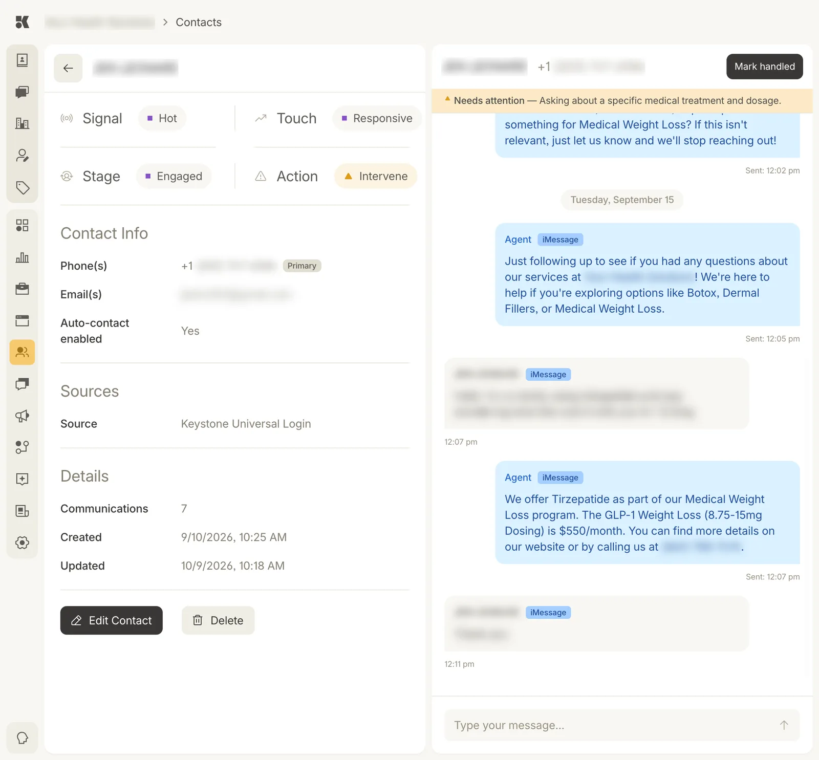 A contact open: on the left Signal Hot, Touch Responsive, Stage Engaged, Action Intervene, then Contact Info with phone marked Primary, email, and Auto-contact enabled Yes, Sources, Details with communications count and created and updated dates, and Edit Contact and Delete buttons. On the right the iMessage thread with the agent's messages, the contact's replies, a Needs attention banner, a Mark handled button, and a Type your message box.