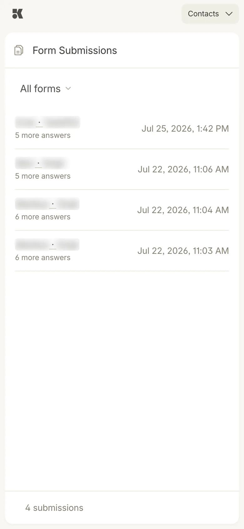 Form Submissions on a phone: the All forms menu above a list where each row shows the person, the count of further answers, and the date, with the submission count at the foot.