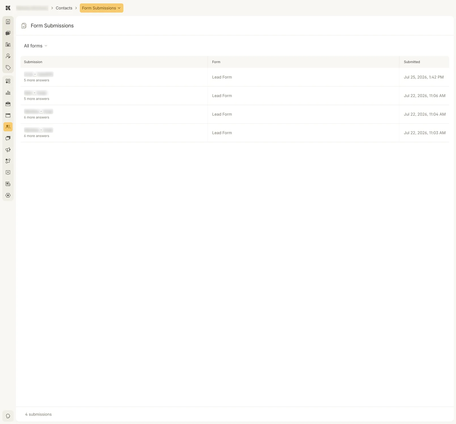The Form Submissions section of Contacts: an All forms menu, then a table with Submission, Form, and Submitted columns. Each row names the person, says how many more answers the submission holds, which form it came from, and the date and time. The footer counts 4 submissions.
