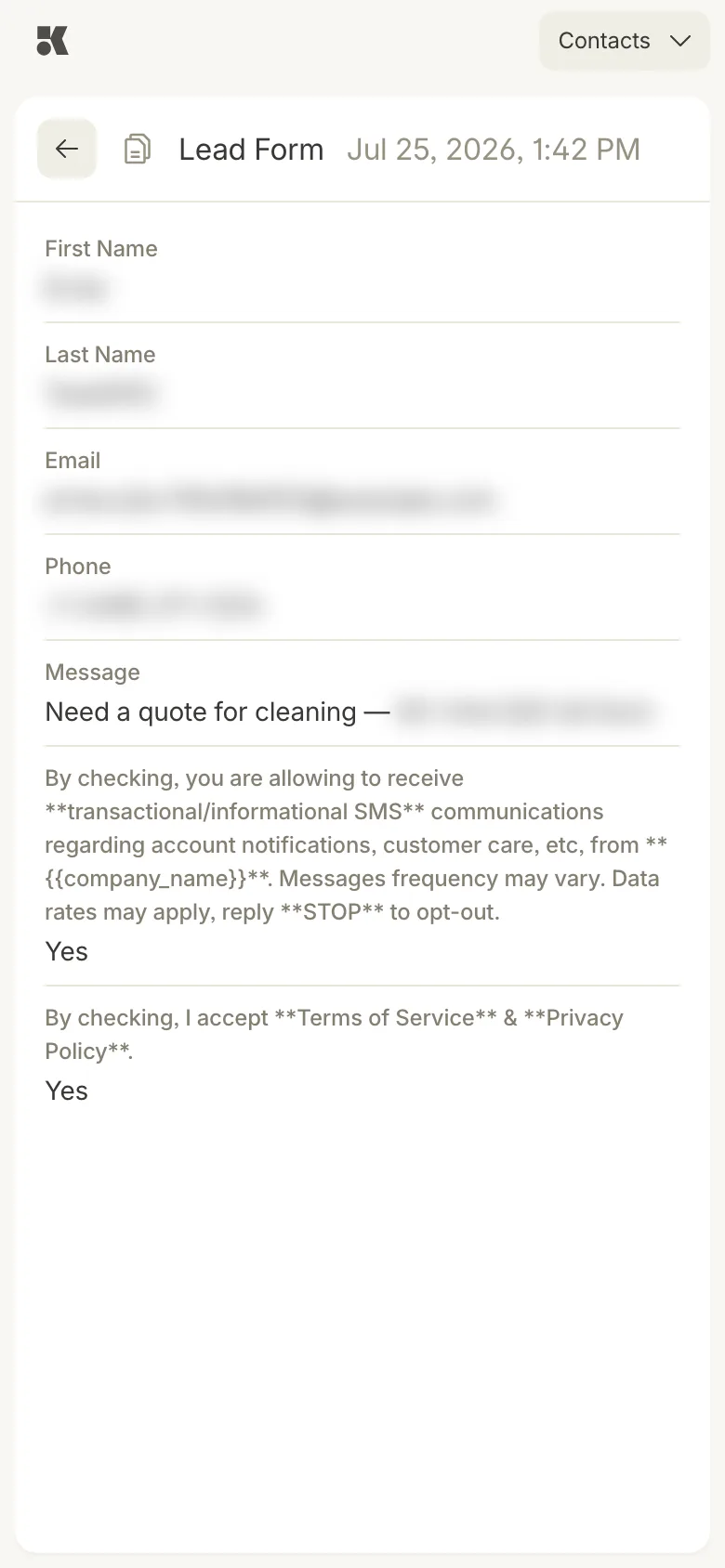 A submission on a phone: the form name and time at the top, then the fields and answers in one column.