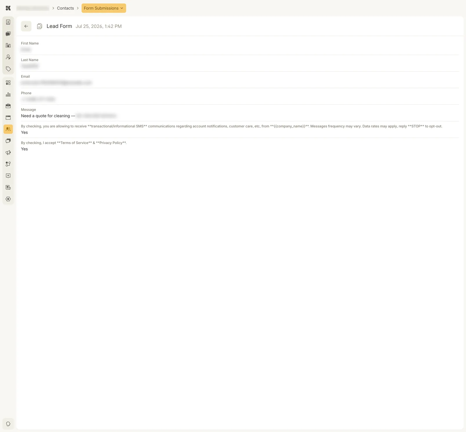 A submission open: a back arrow, the form name Lead Form, and the submitted time; then each field with its answer: First Name, Last Name, Email, Phone, Message, and two consent statements each answered Yes.