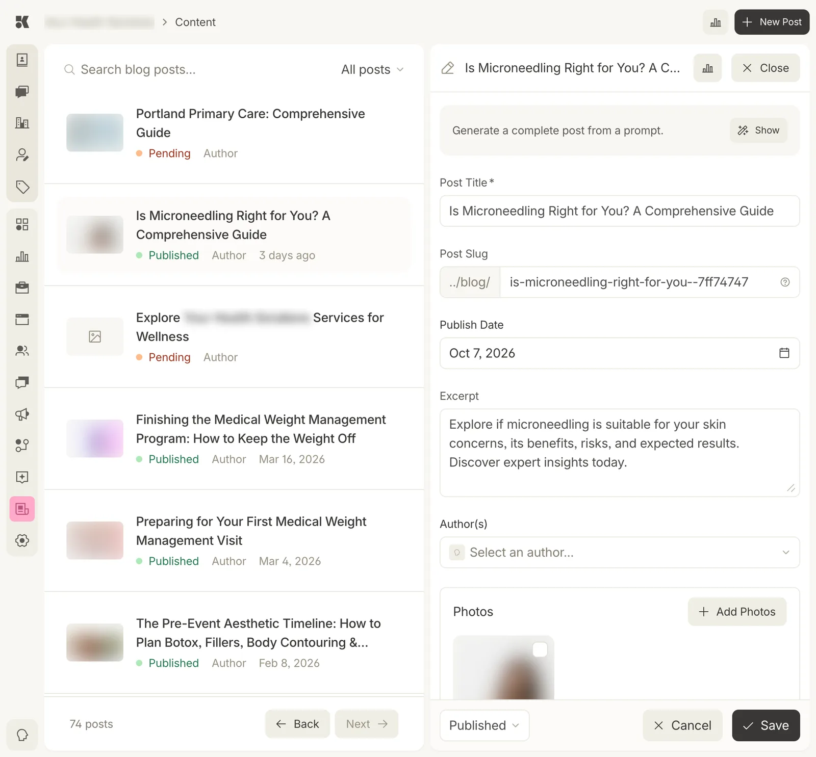 The Content page with a post open: the list on the left and the editor on the right with a Generate a complete post from a prompt bar, Post Title, Post Slug, Publish Date, Excerpt, Author(s), a Photos block with Add Photos, and at the foot a Published status menu, Cancel, and Save.