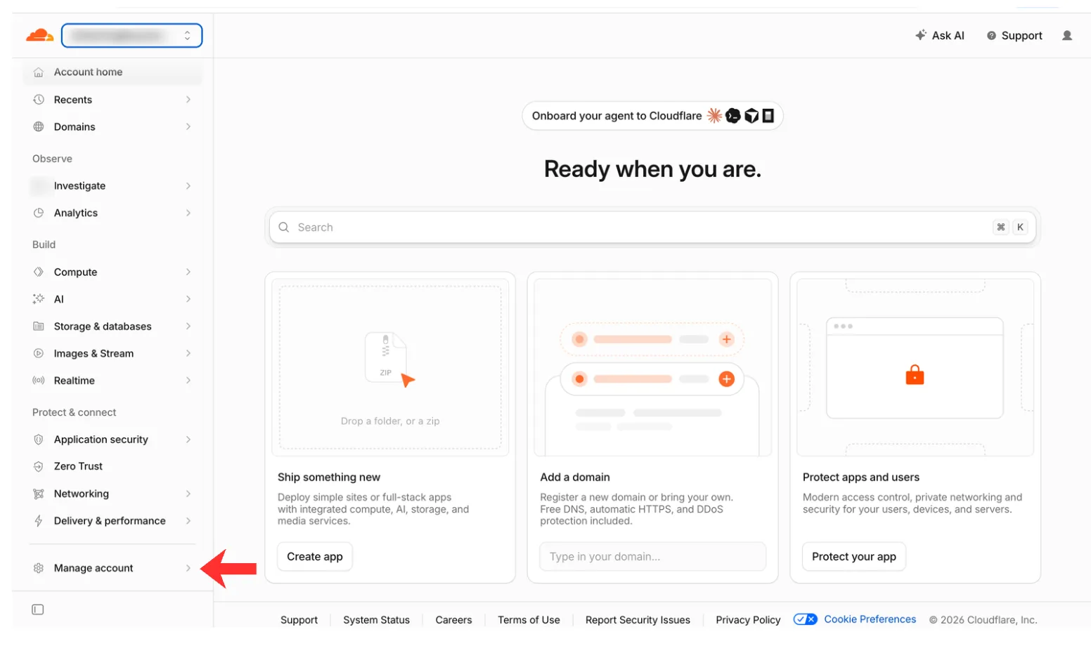 The Cloudflare dashboard home with Manage Account highlighted at the bottom of the left column. The account email is blurred.