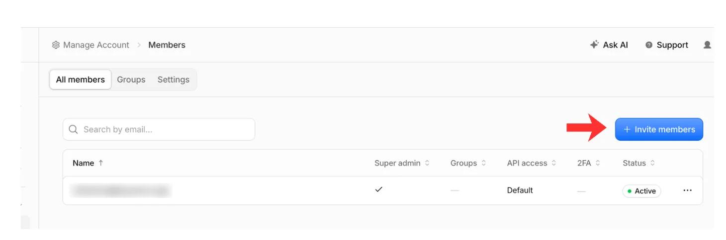 The Members page listing the account owner, with the Invite members button highlighted at the top right. The owner's email is blurred.