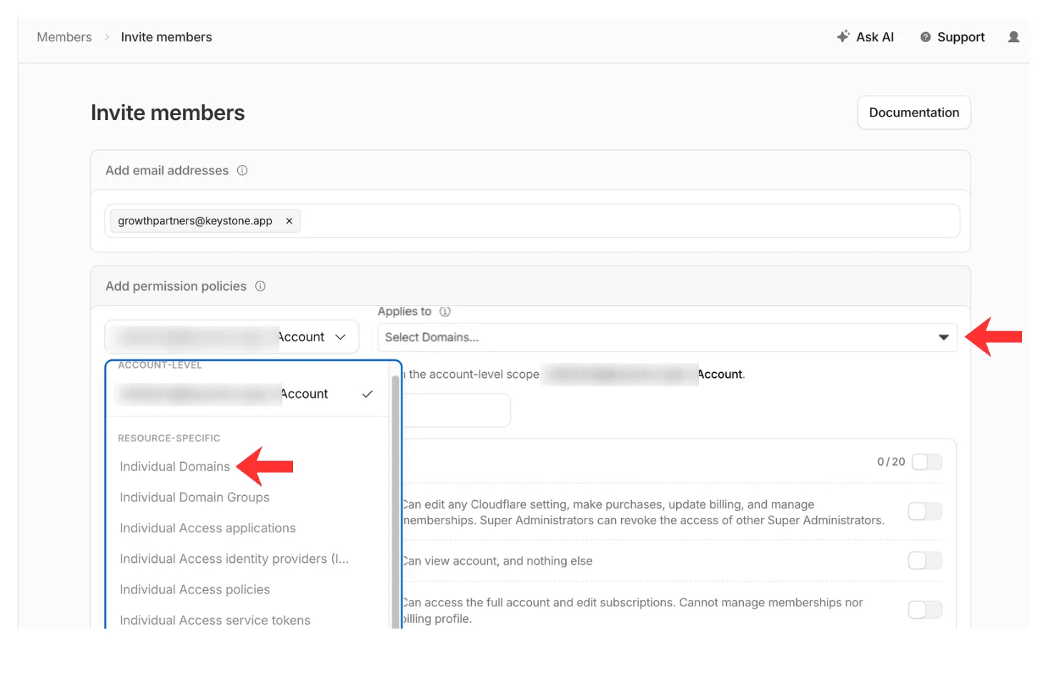 The Invite members form with growthpartners@keystone.app entered, the scope dropdown open with Individual Domains highlighted, and an Applies to domain selector.