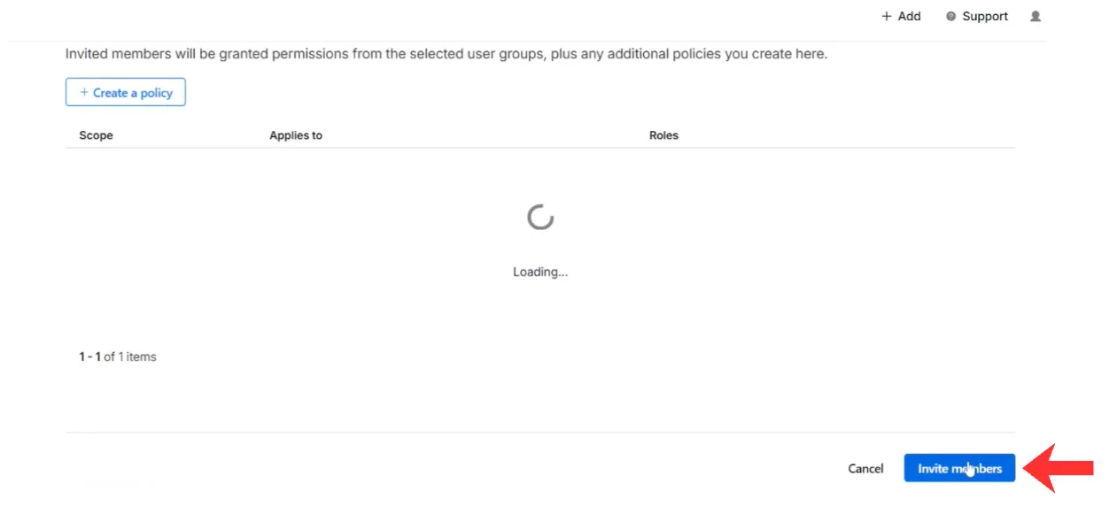 The policies list after creation, with the Invite members button highlighted at the bottom right.