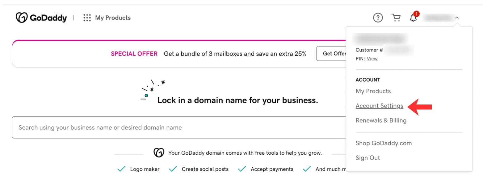 GoDaddy home with the account menu open at the top right and Account Settings highlighted. The account holder's name and customer number are blurred.