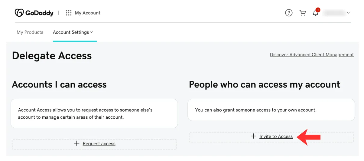 The Delegate Access page with two panels, Accounts I can access and People who can access my account, and the Invite to Access link highlighted.