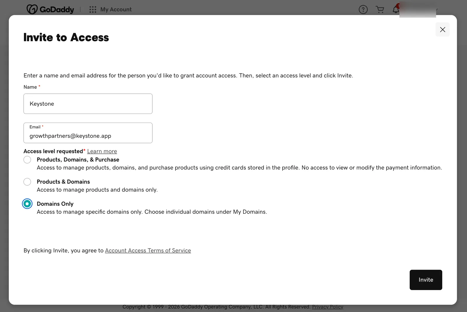 The Invite to Access dialog with Name Keystone, Email growthpartners@keystone.app, and Domains Only selected among the access levels, with an Invite button.
