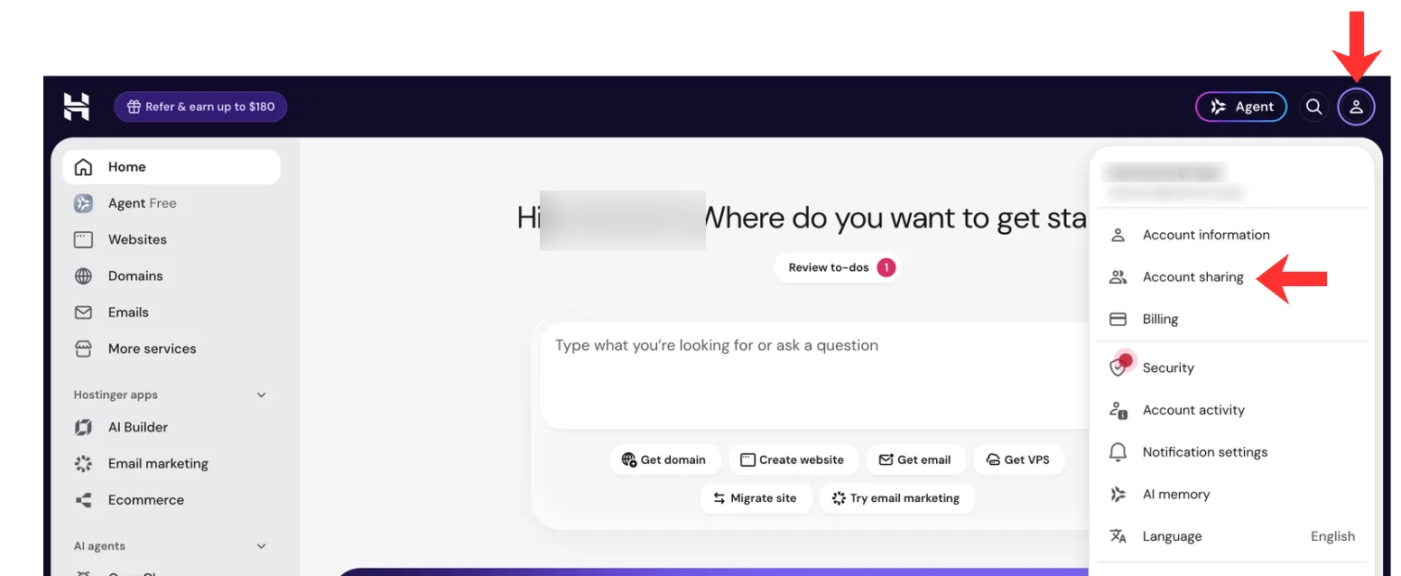 The Hostinger dashboard with the profile menu open at the top right and Account sharing highlighted. The account holder's name and email are blurred.