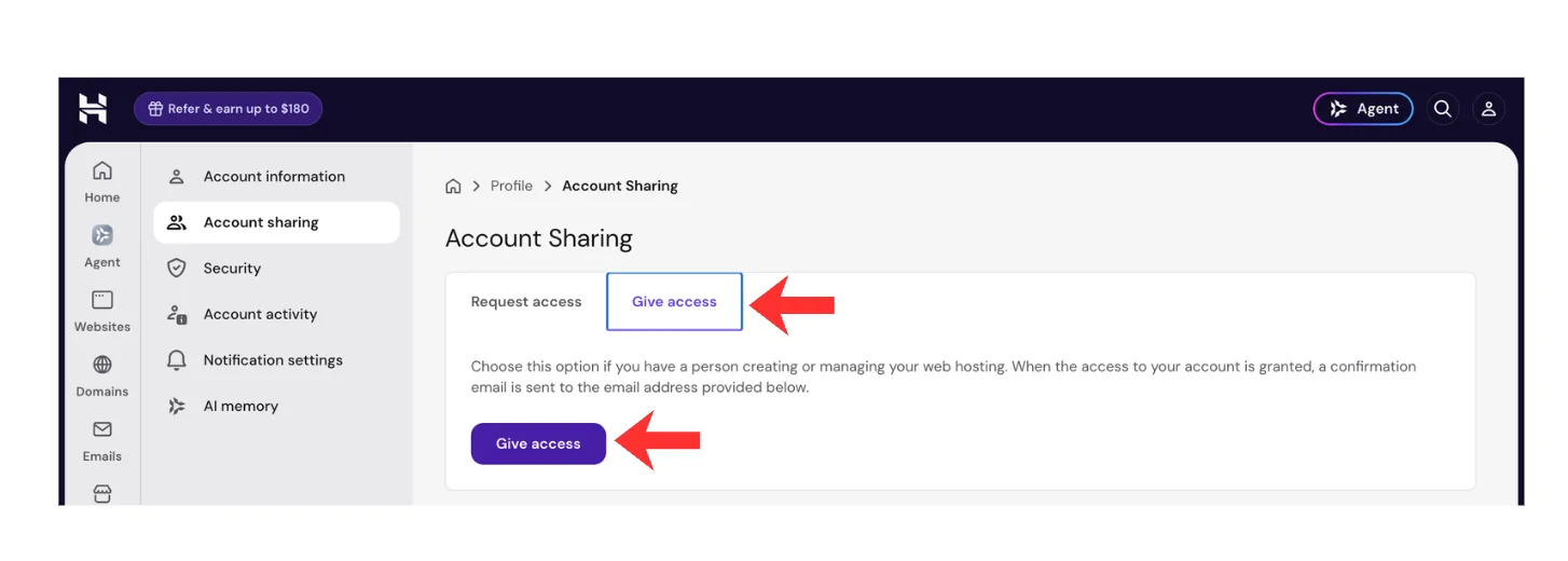 The Account Sharing page with the Give access tab and the Give access button highlighted.