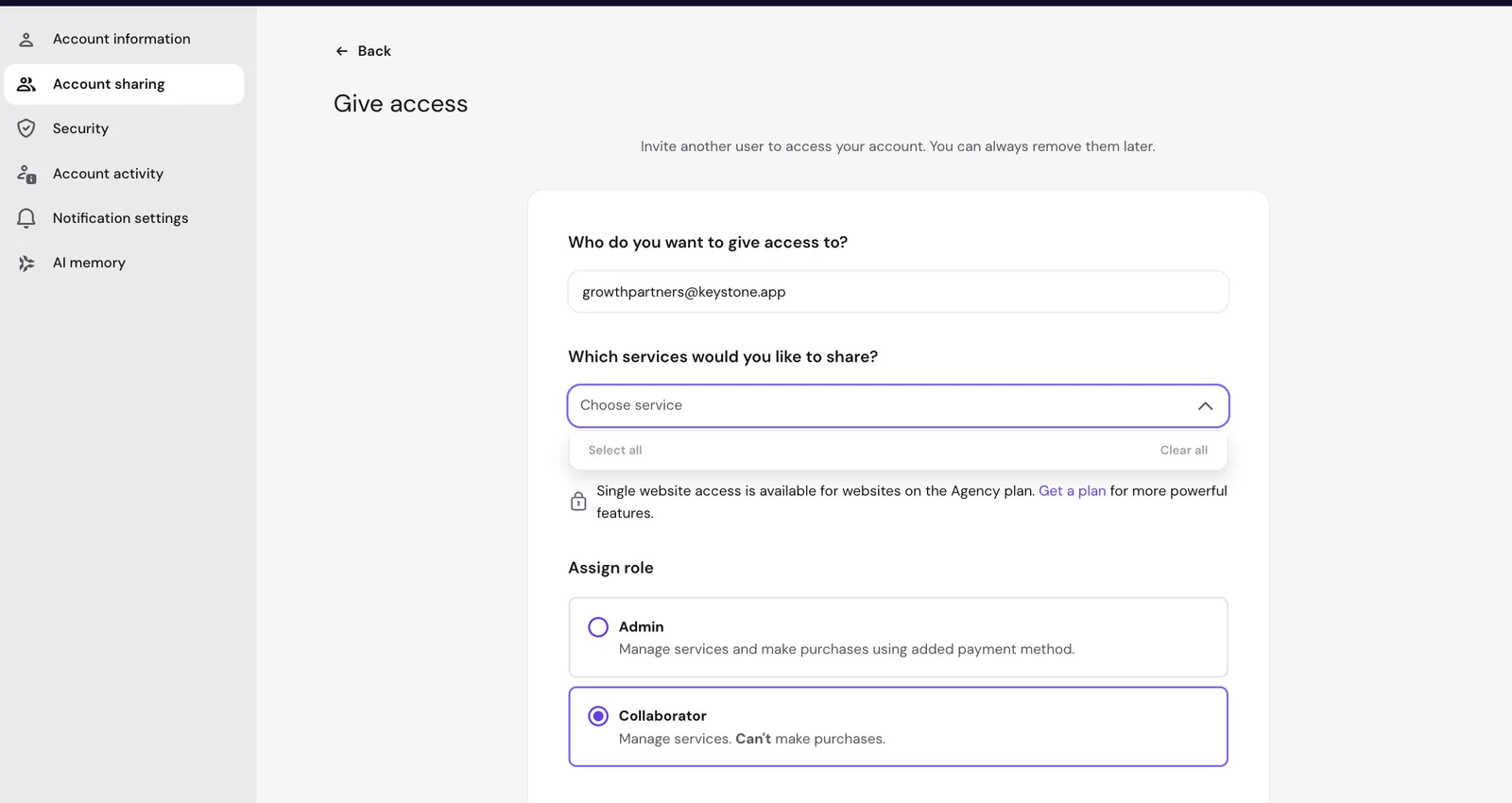 The Give access form with growthpartners@keystone.app entered, a Choose service dropdown for the services to share, and Admin and Collaborator role options with Collaborator selected.