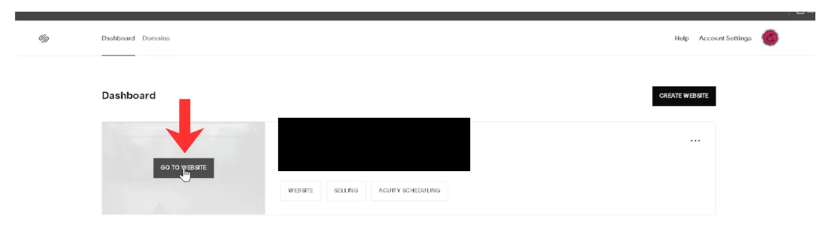 The Squarespace dashboard listing sites, with the Go To Website button on one site highlighted.