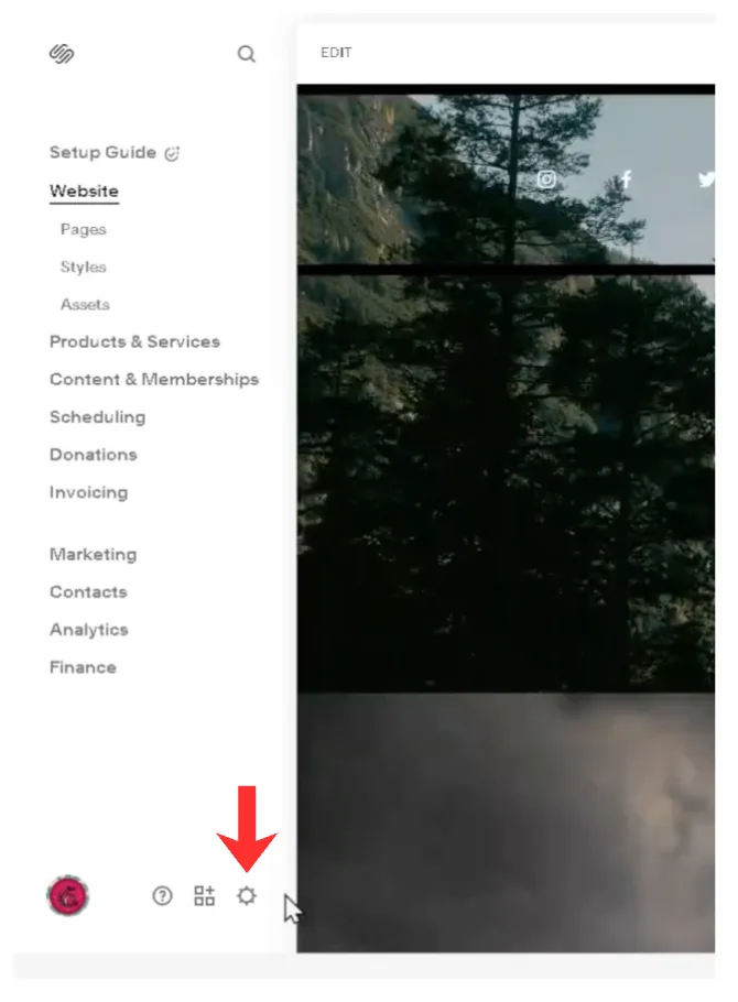 The site editor's left menu with the Settings gear highlighted at the bottom.