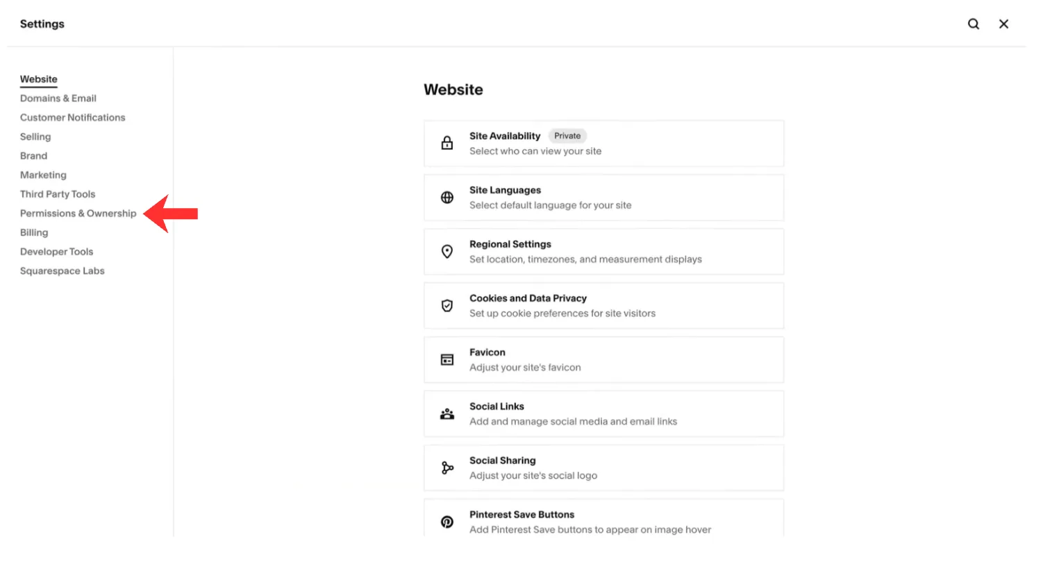 The Settings panel with Permissions & Ownership highlighted in its left column.