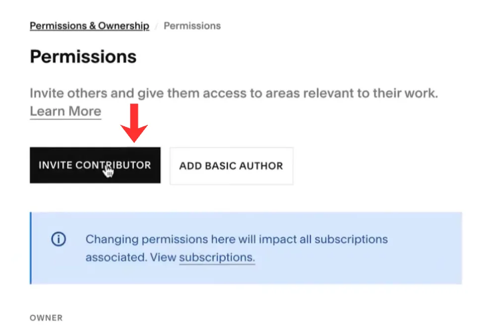 The Permissions screen with Invite Contributor and Add Basic Author buttons; Invite Contributor is highlighted.