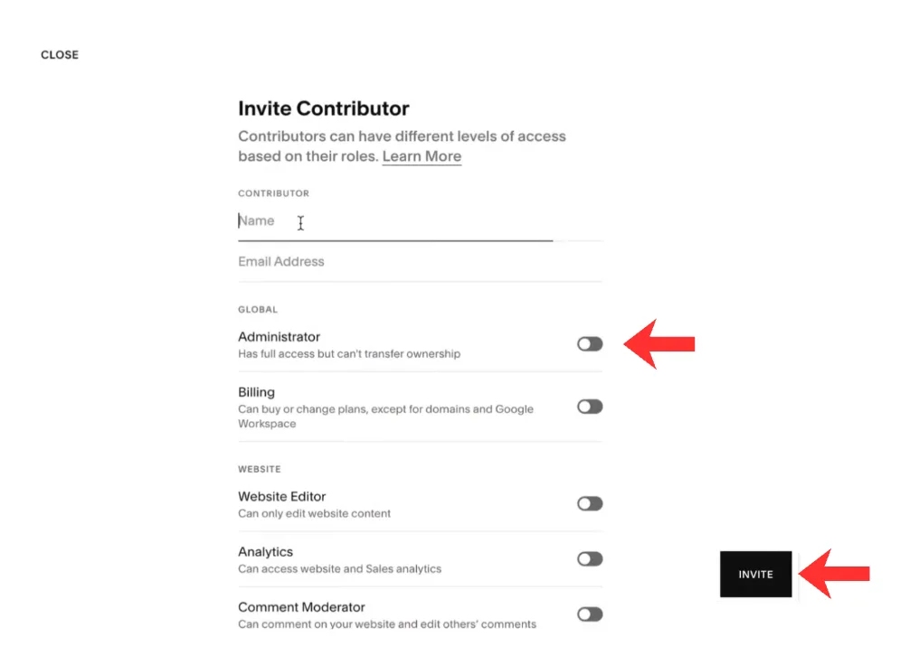 The Invite Contributor form with Name and Email fields, the Administrator toggle under Global highlighted, and the Invite button highlighted.