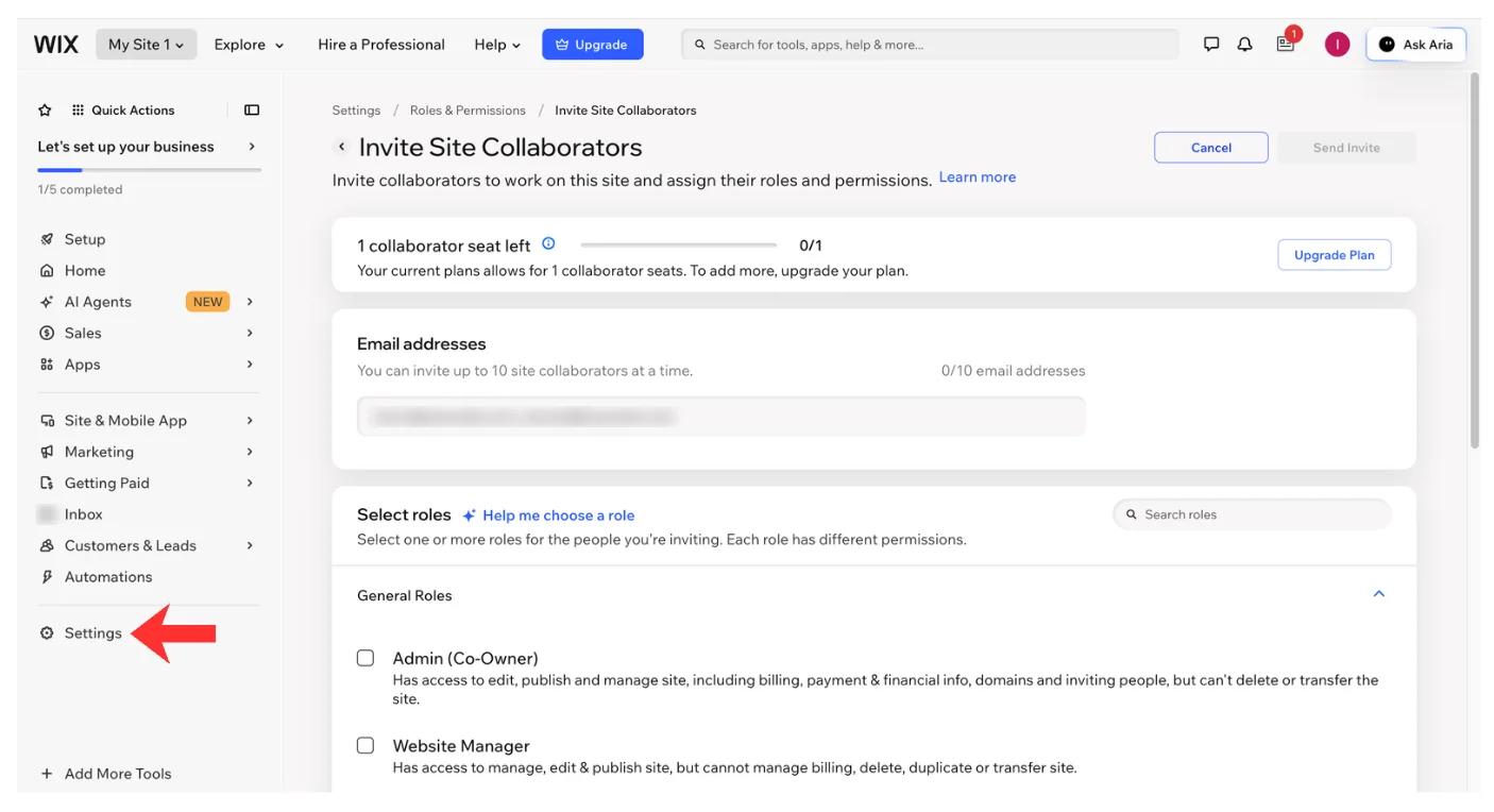 The Wix dashboard with Settings highlighted at the bottom of the left menu, and the Invite Site Collaborators page open.
