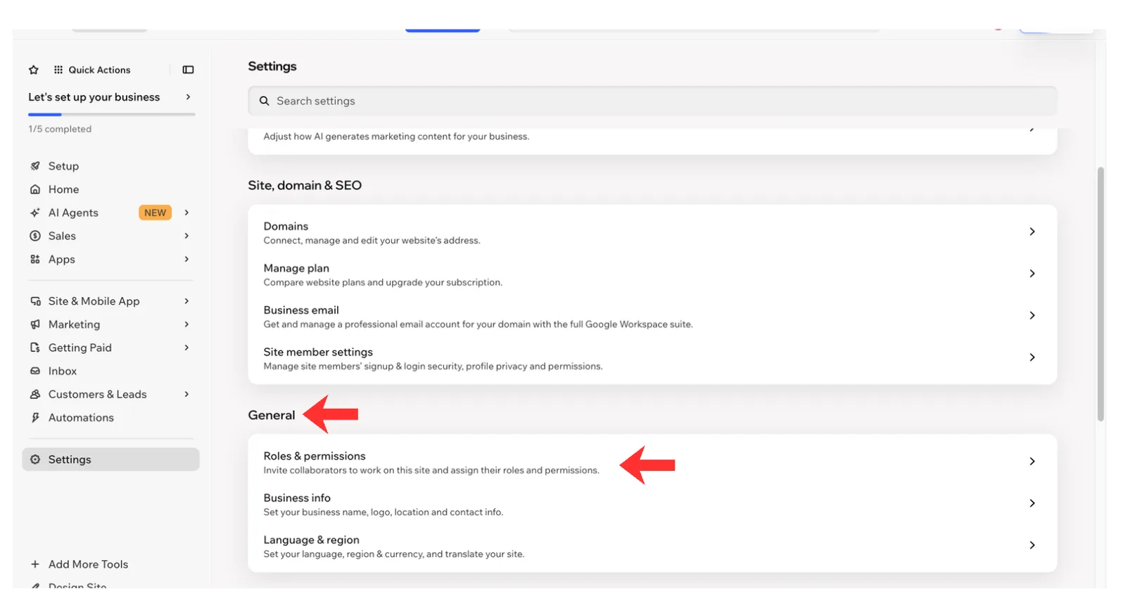 The Wix Settings page with the General section and its Roles & permissions item highlighted.