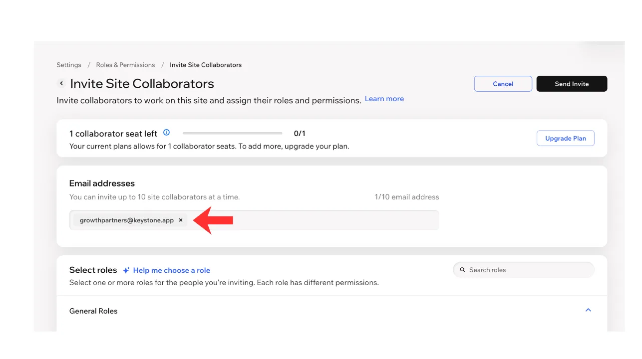 The Invite Site Collaborators page with growthpartners@keystone.app entered in the email field.