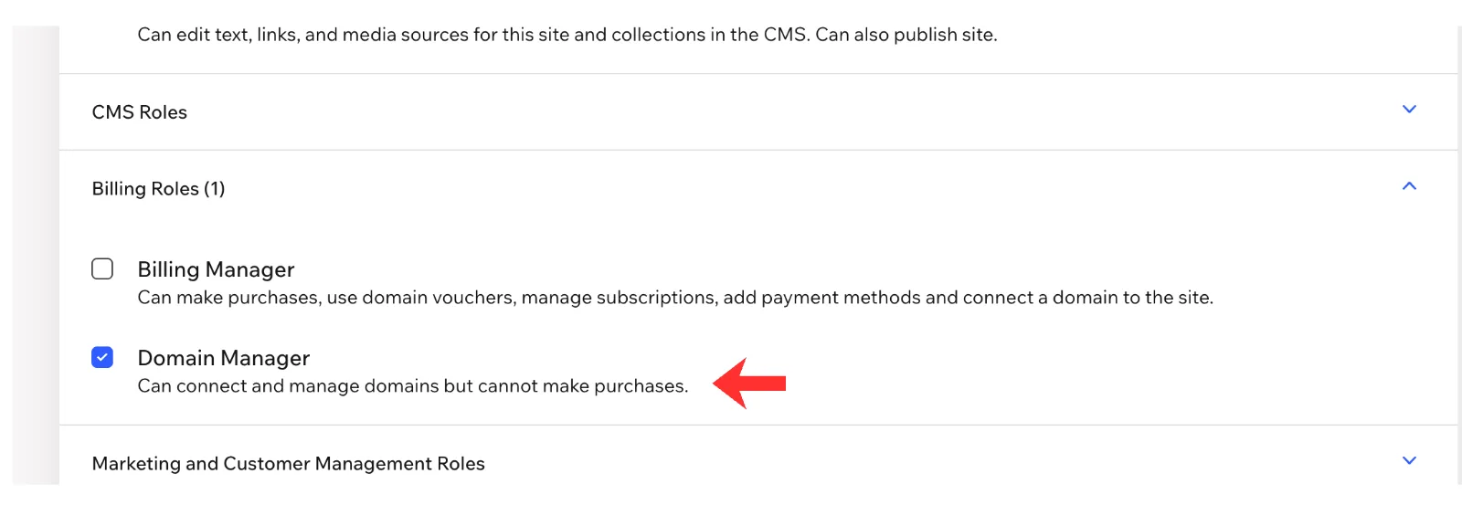 The Billing Roles section expanded, with Domain Manager ticked and described as Can connect and manage domains but cannot make purchases.