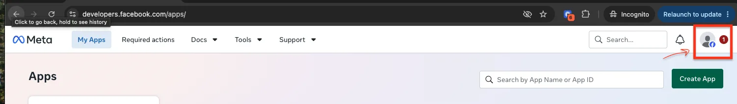 The My Apps page header with the profile icon at the top right highlighted.