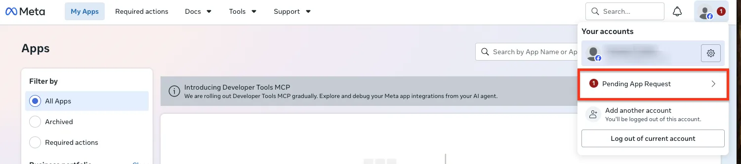 The profile menu open, showing the account and a highlighted Pending App Request item with a badge.