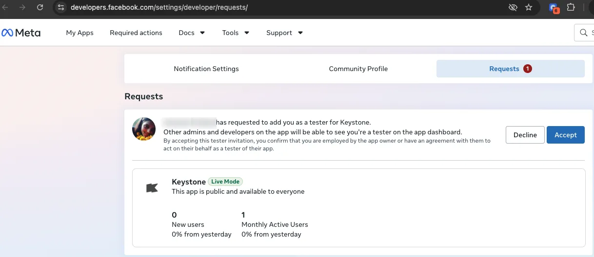 The Requests page under developer settings, showing a request to add you as a tester for Keystone with Decline and Accept buttons, and the Keystone app marked Live Mode.