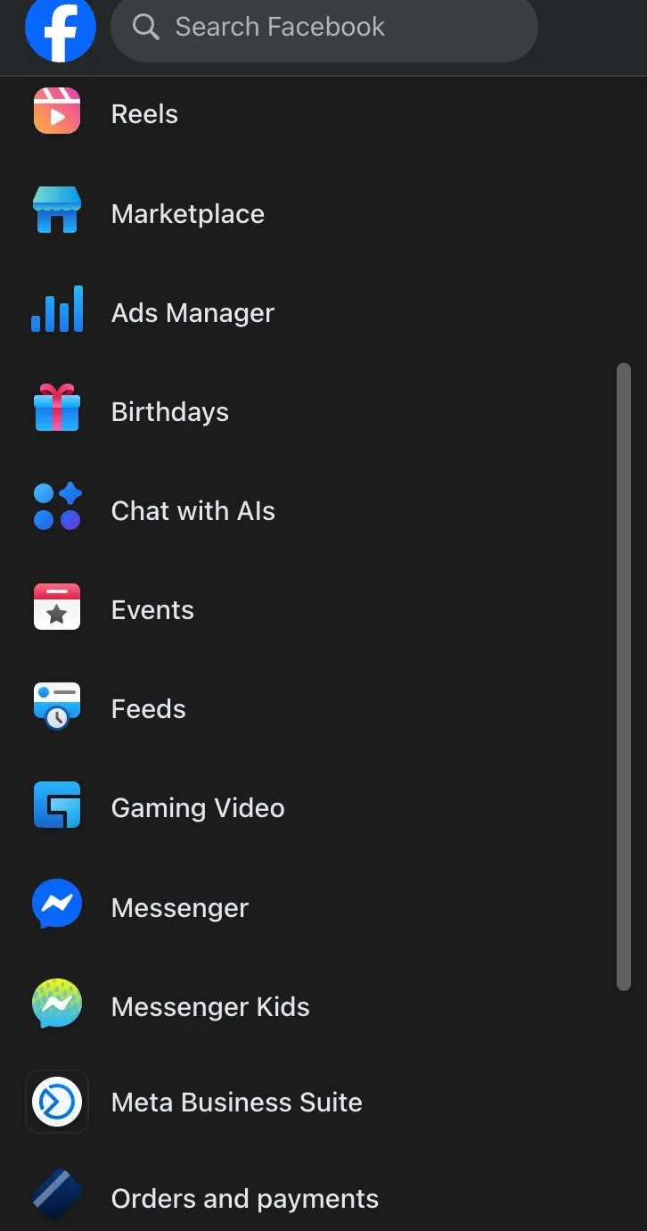 The expanded Facebook menu listing Ads Manager, Meta Business Suite, and other tools.
