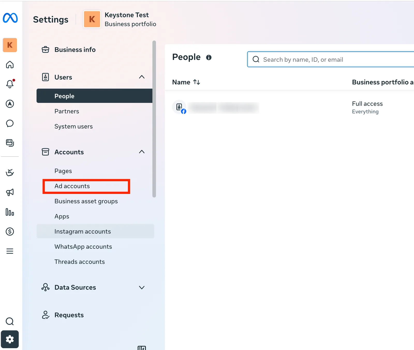 Business Suite Settings with the Accounts section expanded and Ad accounts highlighted.