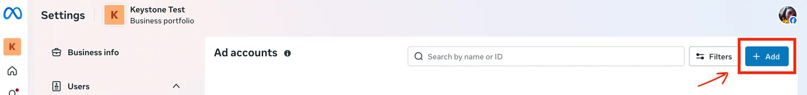 The Ad accounts list header with the Add button at the top right highlighted.