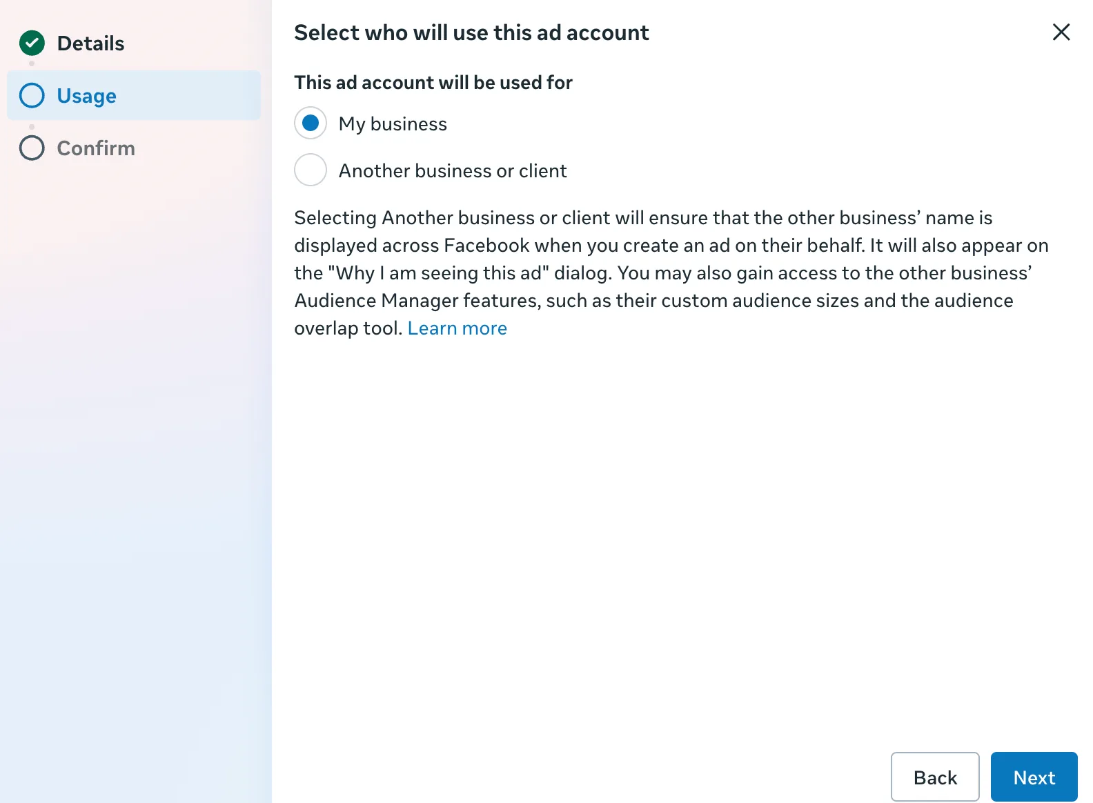 The Select who will use this ad account step with My business selected and Another business or client unselected, with Back and Next buttons.