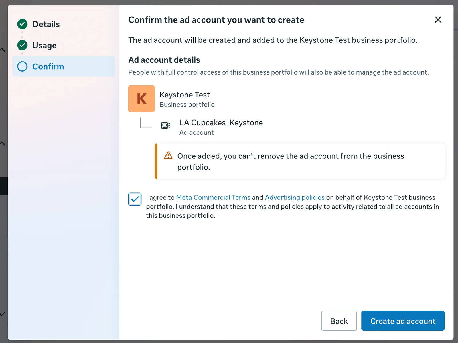 The Confirm the ad account you want to create step showing the portfolio and the new ad account, a note that the account cannot be removed once added, the agreement checkbox ticked, and a Create ad account button.