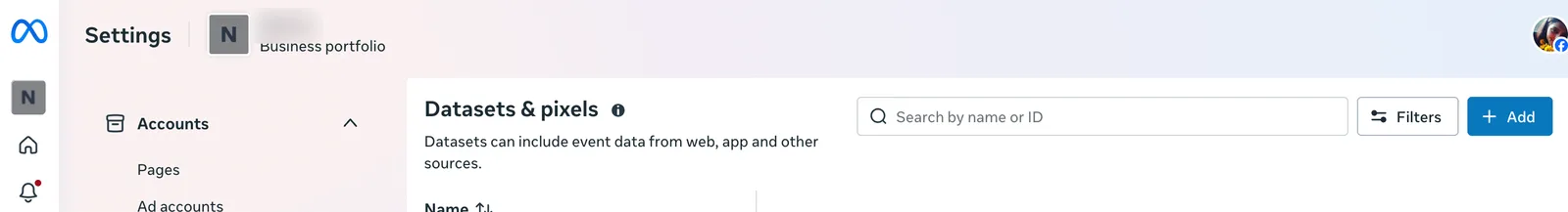 The Datasets & pixels page header with the Add button at the top right.
