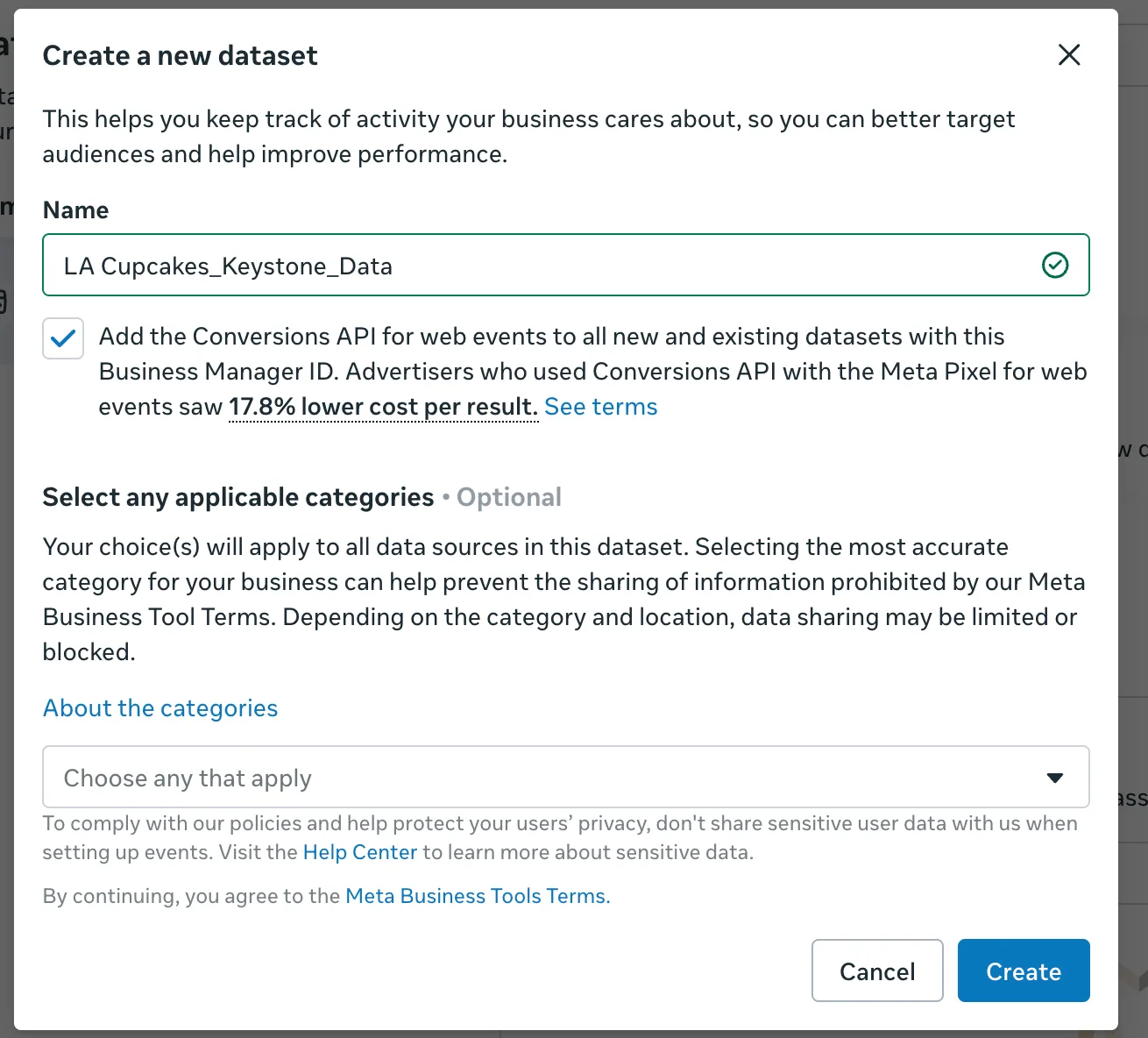 The Create a new dataset dialog with the Name LA Cupcakes_Keystone_Data, a ticked option to add the Conversions API, an optional categories dropdown, and Cancel and Create buttons.