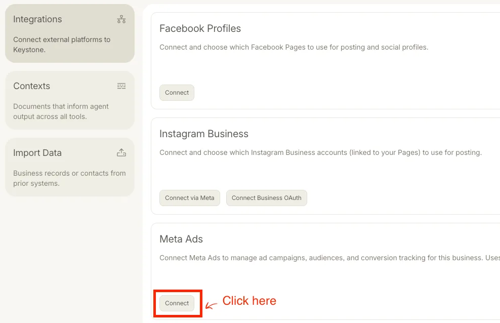 Settings → Integrations showing Facebook Profiles, Instagram Business, and Meta Ads blocks, with the Meta Ads Connect button highlighted and annotated Click here.