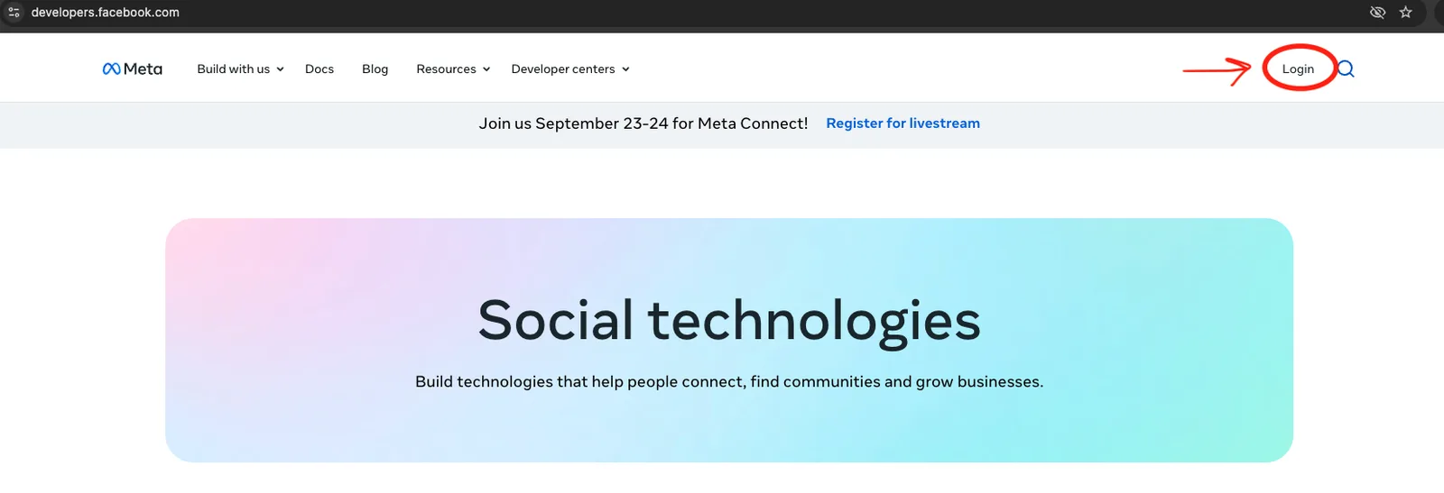The Meta for Developers home page with the Login button at the top right circled.