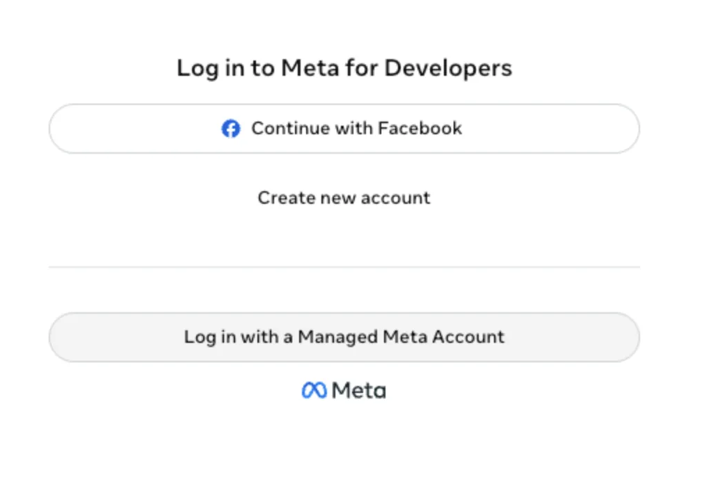 The Log in to Meta for Developers dialog with a Continue with Facebook button, a Create new account link, and a Log in with a Managed Meta Account button.