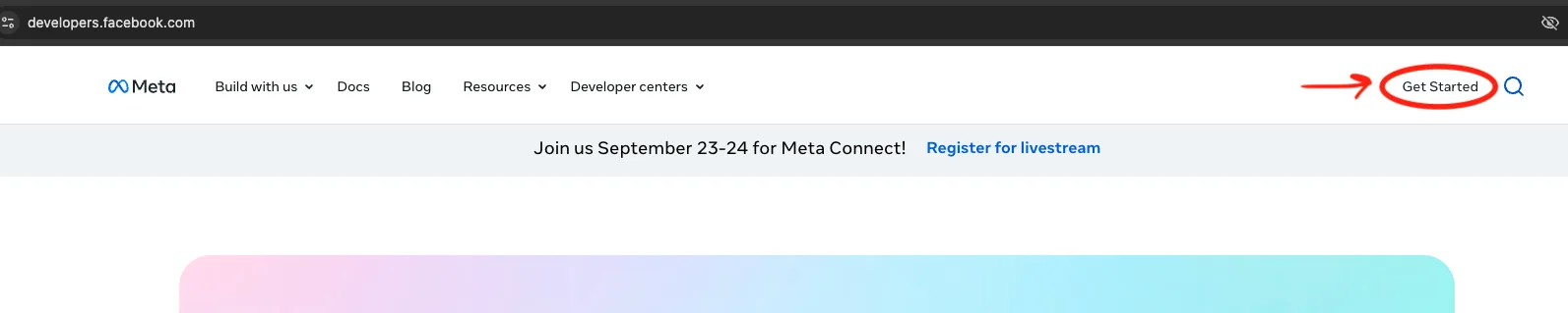 The Meta for Developers home page after login with the Get Started button at the top right circled.
