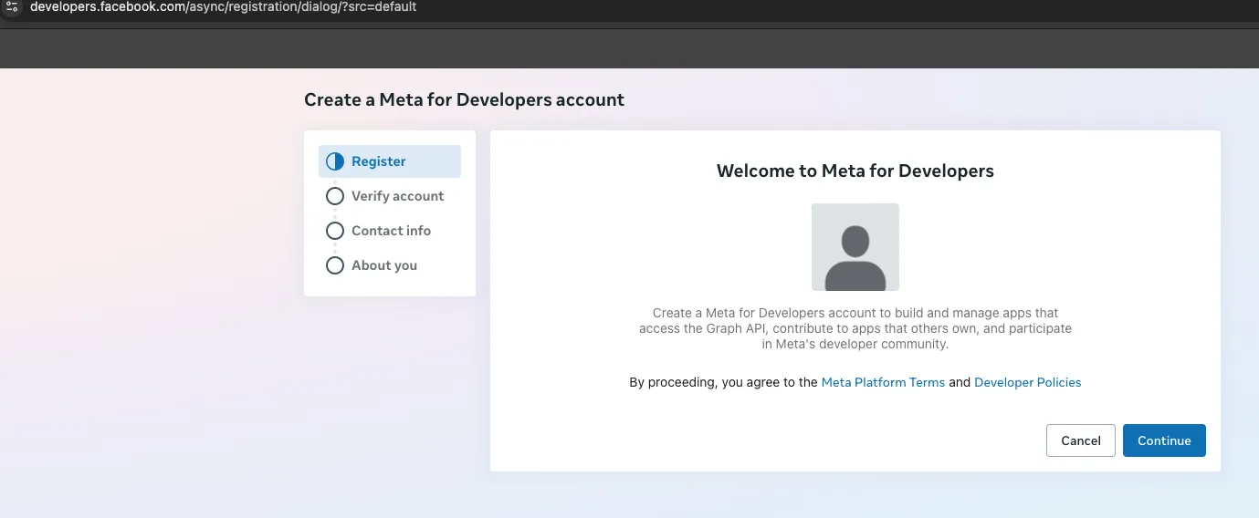 The Create a Meta for Developers account wizard on its first step, Register, with a Continue button.